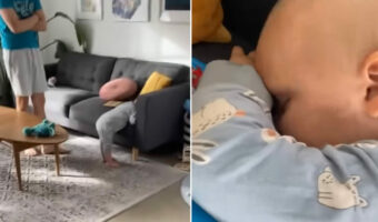 立ったままソファにうずくまる赤ちゃん。ぐずっているのかなと思ったら・・ぐっすりねんねしているところでした！！【海外・動画】