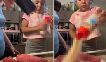 ママの料理のお手伝いをする2歳の女の子。調味料の容器を振ってステーキに下味をつけていたら・・、盛大なハプニングが！！【アメリカ・動画】