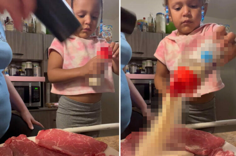 ママの料理のお手伝いをする2歳の女の子。調味料の容器を振ってステーキに下味をつけていたら・・、盛大なハプニングが！！【アメリカ・動画】