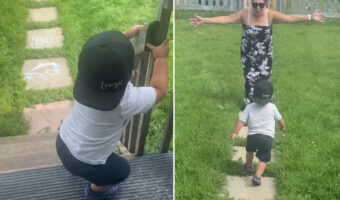 階段を急いで下りる幼い男の子。両手を広げて待つおばあちゃんにハグをしに行くのかと思いきや・・、まさかの展開におばあちゃんも脱力