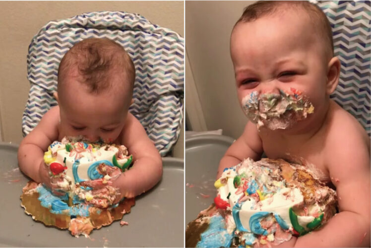 1歳のバースデーケーキとして「スマッシュケーキ」を食べる赤ちゃん。わしづかみにしたりかぶりついたりしたので、お顔がスゴいことに！！