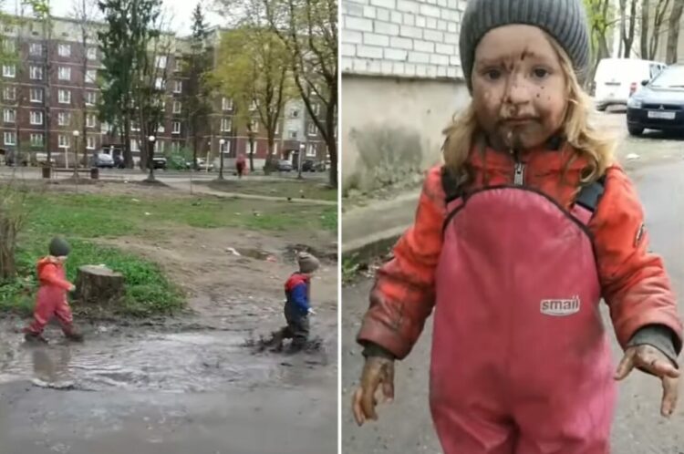泥んこの水たまりを駆け回る幼い子供たち。ところが、女の子に悲劇が！すっかり泣き顔になってしまいました【海外・動画】