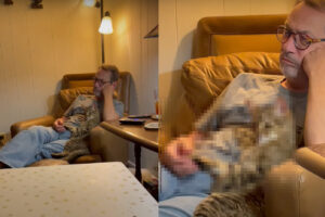 ソファに腰掛け、パパさんとテレビ鑑賞する猫。おてても握ってもらっていい時間を過ごせているみたいです【アメリカ・動画】