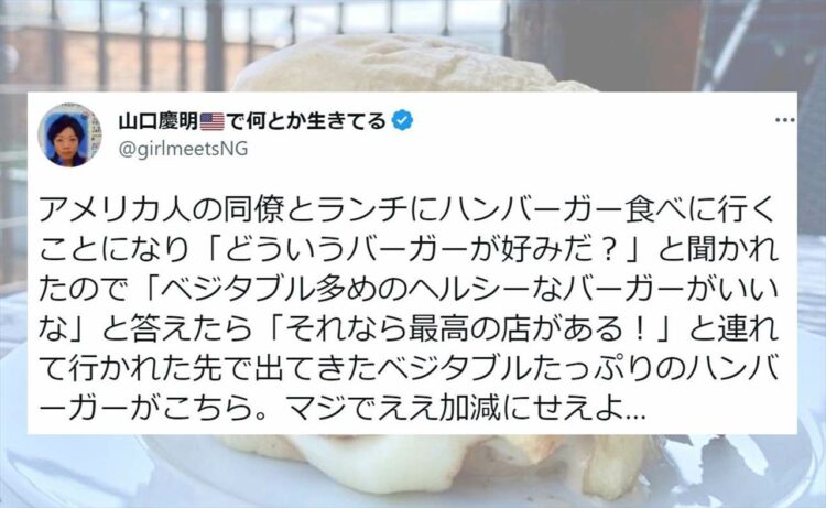 アメリカってやっぱりすごい・・・「ベジタブル多めのヘルシーなハンバーガーがいいな」と言ってオススメされたのがコレだった！！