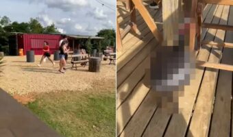 山間の絶景レストランで『なにか』から逃げ惑う女性。周囲の人達は笑っているので危険性は低いようですが・・、女性を追うその生き物とは！？