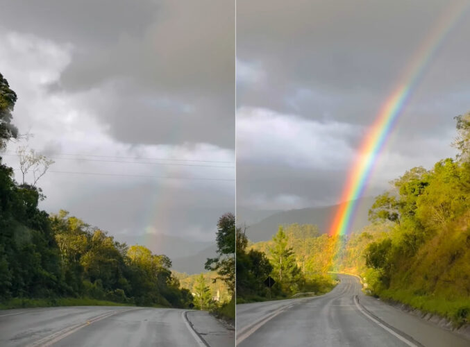 ドライブ中に起きた奇跡！前方にうっすら見える虹が見えると思ったら、すぐ目の前に『虹のはじまり』がありました！！