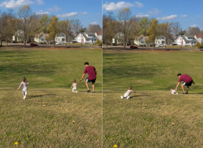 さすが双子ちゃん？坂を元気にトテトテ下っていたら・・、なんとほとんど同時にコテンと転んでしまいました！！【アメリカ・動画】