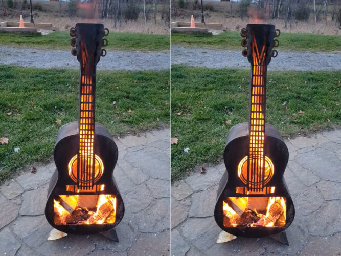 大変だ！ギターが燃えている！！と思ったら・・、実はこれ、ギター型の暖炉なんです！！