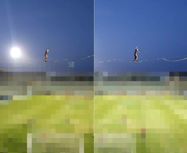 『ハイライン』という綱渡りにも似た新スポーツに挑戦する男性。その場所にビックリ！足元はなんと・・！！