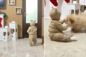 パパの帰りをドアの前で待つ赤ちゃん。モコモコの服を着てぬいぐるみのようなこの子の前に現れたのは・・！！【海外・動画】