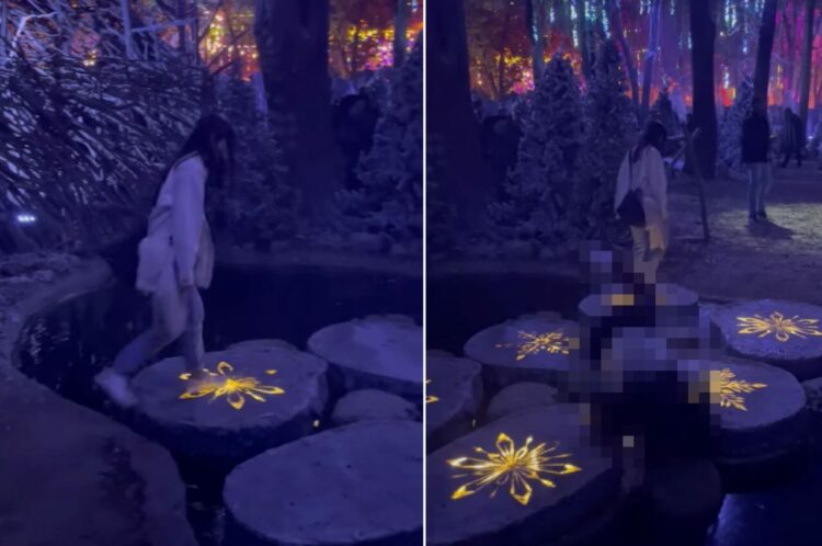 クリスマスムード漂うイルミネーション。踏むと光が浮かび上がる石でカップルが撮影していたら、思いもよらぬワンシーンが撮れてしまいました！！