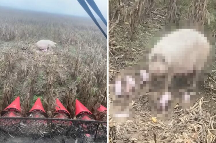 広大な畑の真ん中にいた「ある動物」。しかもよく見たら、生まれたばかりの赤ちゃんそのまわりにいっぱい！？