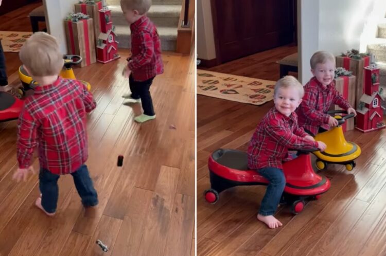 一足早いクリスマスプレゼントに大喜びする双子の男の子。手に持っていたオモチャの事をすっかり忘れてプレゼントに向かっていきます！