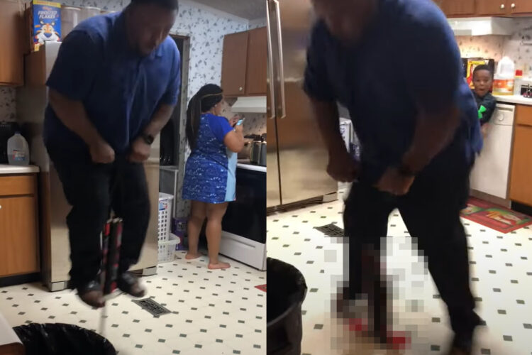 キッチンでホッピングに挑戦していたお父さん。家族も笑ってみていたのですが・・、笑えなくなるハプニングが！！【アメリカ・動画】