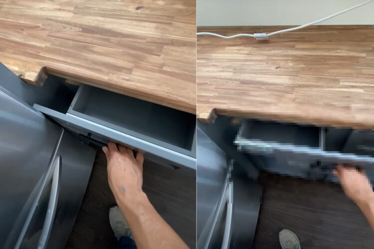 これは見事な匠の技！引き出しと冷蔵庫が干渉してしまっているところ、ある方法で解決しています！！【アメリカ・動画】