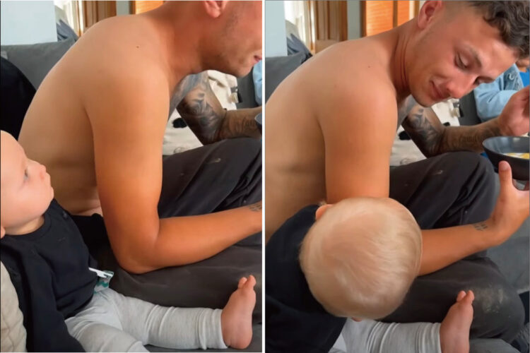 「パパなに食べてるの？一口ちょうだい！」食事しているパパが気になる赤ちゃん。パパの顔を覗き込んでおねだりしているみたい！！