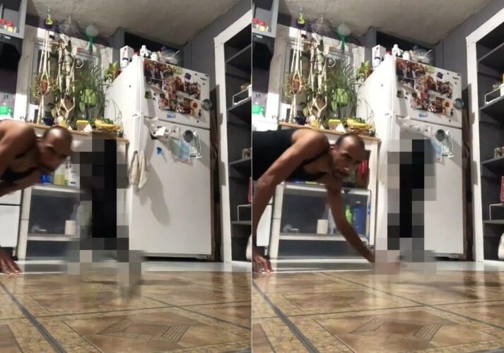 愛猫と一緒にフレームインしてきた男性。その愛猫の姿にビックリ！！