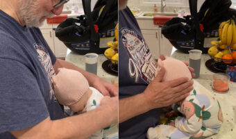 おじいちゃんにマッサージをしてもらっている赤ちゃん。気持ちいいのか、座ったままねんねしています【アメリカ・動画】