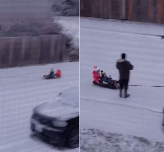 雪が降った後に住宅街でソリを楽しむ子供たち。平地なのにどうやって・・、その鍵を握るのは大人も夢中になる『あるオモチャ』！！