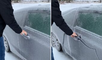 車にヒビが入ったかと思った!!男性が氷に覆われた車のドアを開けたると共に不穏な音と光景が!!