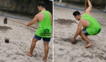 「中身をこぼさない様にココナッツ割るから見てて!」と意気込んでクワを振り下ろしたら顔面蒼白になる事態に!!