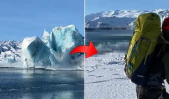 氷河が崩れるさまを目の当たりにして興奮する男性たち。ところが、その時立っていた場所はのんびり見学できるような場所ではありませんでした!!