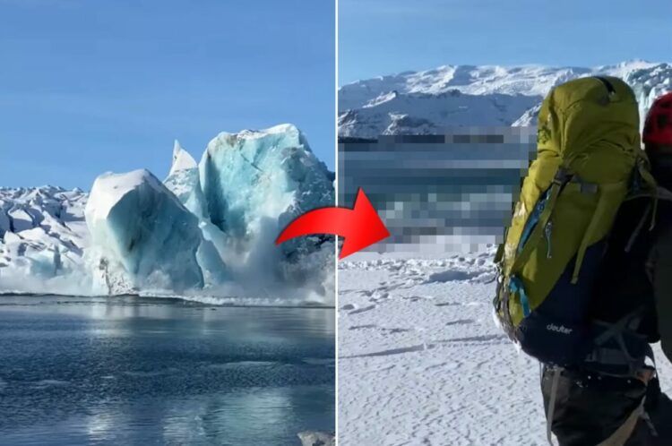 氷河が崩れるさまを目の当たりにして興奮する男性たち。ところが、その時立っていた場所はのんびり見学できるような場所ではありませんでした！！