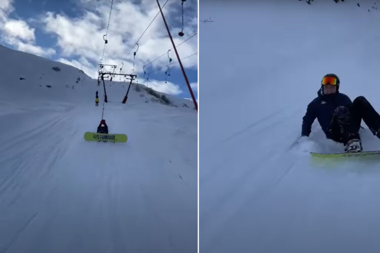 ゲレンデでリフトにつかまっていたらバランスを崩しちゃった！？スノーボーダーさんは大変なことになってしまっています！！