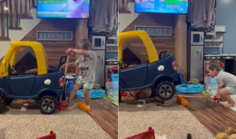 将来は車の整備士さんかな？幼い男の子は愛車をジャッキアップさせると、さっそくメンテナンスに取り掛かりました！！