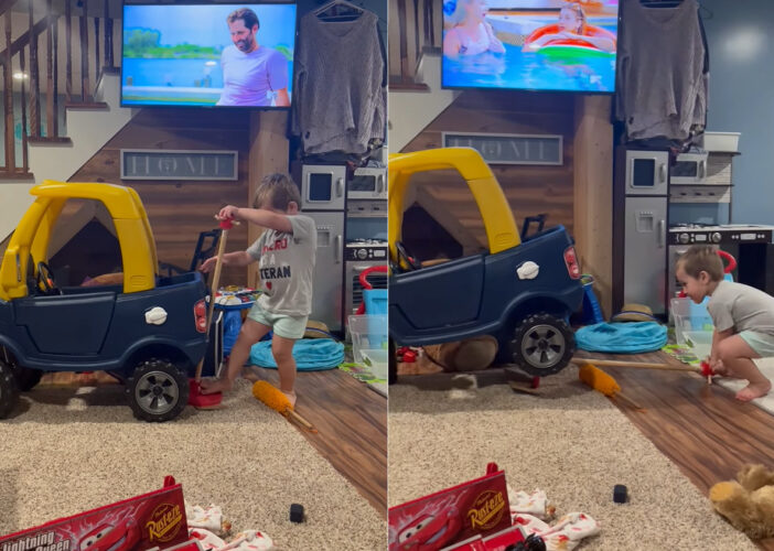 将来は車の整備士さんかな？幼い男の子は愛車をジャッキアップさせると、さっそくメンテナンスに取り掛かりました！！