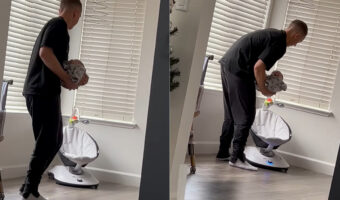 パパに抱っこしてもらい、ねんねする赤ちゃん。パパはこの子を起こさずに電動バウンサーに移動させるため、ある事を始めましたよ！！