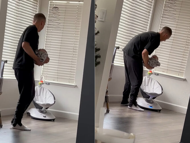 パパに抱っこしてもらい、ねんねする赤ちゃん。パパはこの子を起こさずに電動バウンサーに移動させるため、ある事を始めましたよ！！