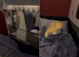 いい旅を〜。ビジネスクラスで素晴らしい空の旅を満喫しているその姿にビックリ！シートでぐっすり寝ているのは・・