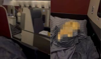 いい旅を〜。ビジネスクラスで素晴らしい空の旅を満喫しているその姿にビックリ！シートでぐっすり寝ているのは・・