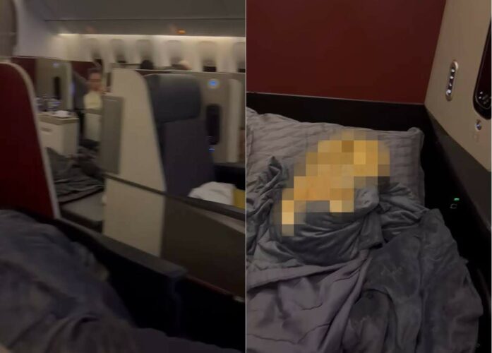 いい旅を〜。ビジネスクラスで素晴らしい空の旅を満喫しているその姿にビックリ！シートでぐっすり寝ているのは・・