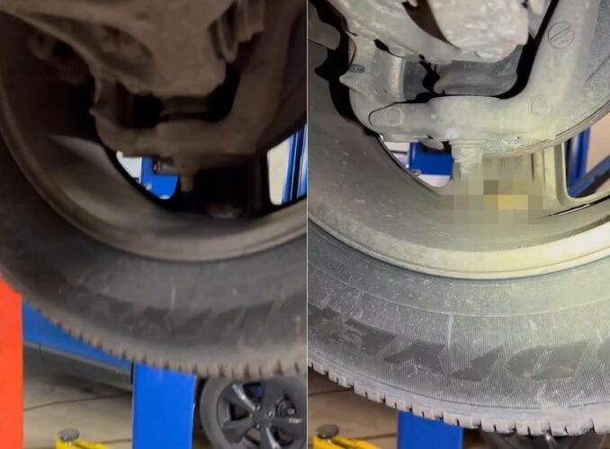 「キーキーときしんだような音がする」と整備工場に運ばれてきた車。もしかしてその音の原因って、ホイルの影に潜むこの『生き物』？？