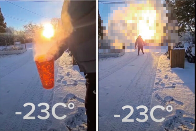 大爆発した！？マイナス23℃の世界で太陽を背景に熱湯を撒いたら・・とんでもない光景が撮影できました！！