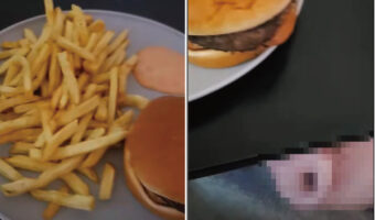 山盛りのポテトにおいしそうなハンバーガー。このごはんを狙う影がテーブルの下に潜んでいました！！