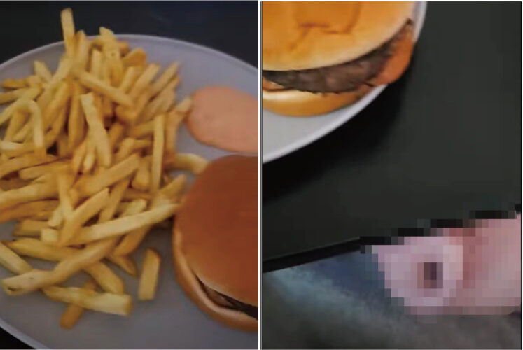 山盛りのポテトにおいしそうなハンバーガー。このごはんを狙う影がテーブルの下に潜んでいました！！