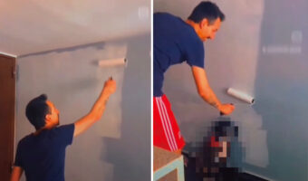 壁にせっせとペンキを塗る男性。ところが一部塗れていない場所があるようです。・・その理由とは!?【海外・動画】