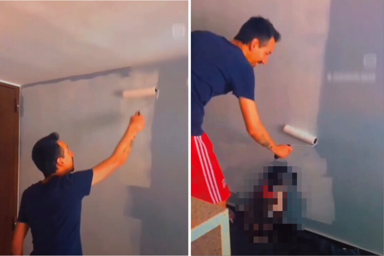 壁にせっせとペンキを塗る男性。ところが一部塗れていない場所があるようです。・・その理由とは！？【海外・動画】