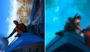 晴天のもとカヤックに乗る男性。わざとカヤックを転覆させた！？と思ったら・・、とてもステキな光景を見せてくれました！！