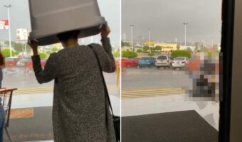 雨に濡れないようにとプラスチック製のボックスを頭にかぶって歩き出した女性。ところが、なんとも切ない結末に・・【海外・動画】