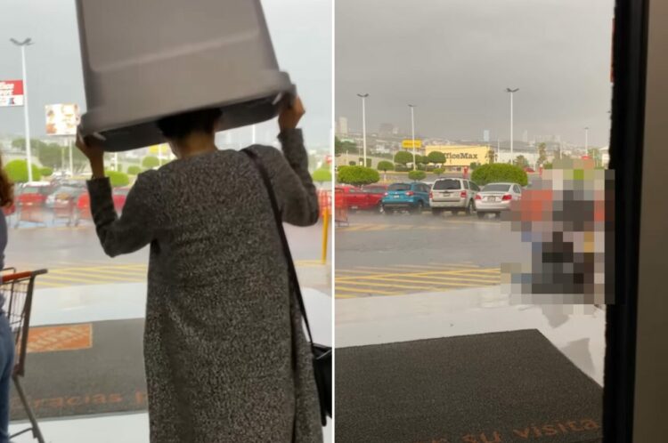 雨に濡れないようにとプラスチック製のボックスを頭にかぶって歩き出した女性。ところが、なんとも切ない結末に・・【海外・動画】