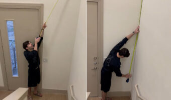 吹き抜けの天井までの高さを測ろうとした男性。ちょっとしたハプニングがありましたが・・手を降ろさなければまだ大丈夫そう!!