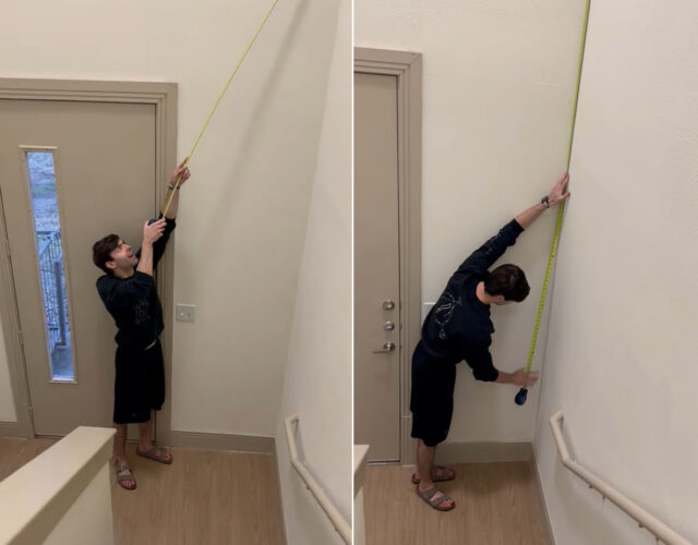 吹き抜けの天井までの高さを測ろうとした男性。ちょっとしたハプニングがありましたが・・手を降ろさなければまだ大丈夫そう！！