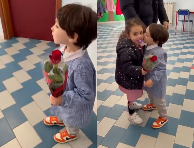 幼い紳士の微笑ましい振る舞いにキュン！男の子は女の子に真紅のバラと・・キスをプレゼント！！【海外・動画】