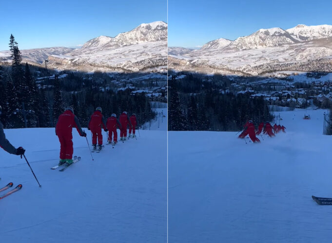 シンクロスキーという競技がスゴすぎる！10人のスキーヤーが息のあった動きで滑走していくその動きは、ひとつの生き物のようです！！