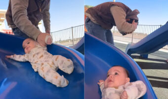 赤ちゃんの手を持ってすべり台で遊ばせていた男性。赤ちゃんにしっかり注意を向けていたのですが思わぬハプニングに見舞われることに!