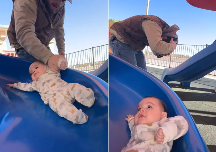 赤ちゃんの手を持ってすべり台で遊ばせていた男性。赤ちゃんにしっかり注意を向けていたのですが思わぬハプニングに見舞われることに！